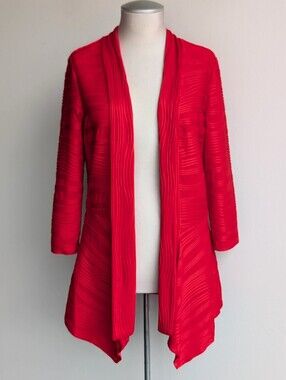 Frank Lyman Open-Front Red Cardigan With Wavy Ribbed Lines